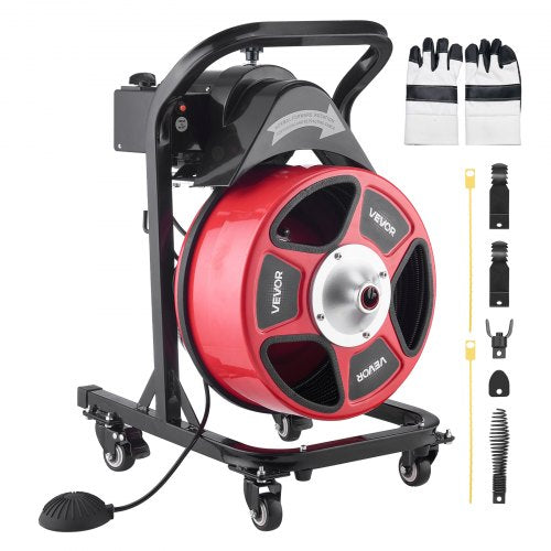 Drain Cleaner Machine 50 FT x 1/2 Inch, Manual Feed Sewer Snake Auger on Wheels - with 4 Cutters & Air-activated Foot Switch for 2' to 6' Pipes