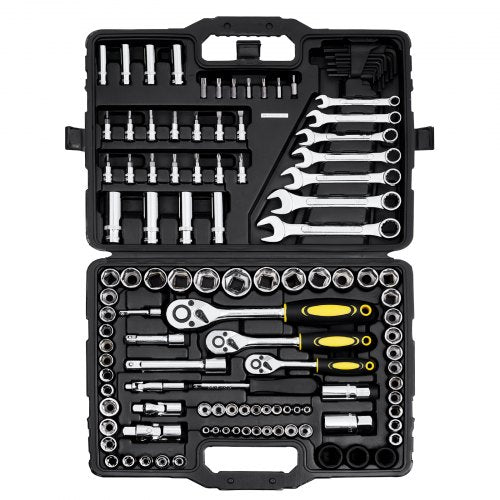 121-Piece Mechanics Tool Set, 1/4' 3/8' 1/2' Drive Sockets, SAE and Metric Mechanic Tool Kit with Bits, Wrenches, Ratchet Handle, Accessories, and Plastic Storage Case, for Automotive Repair