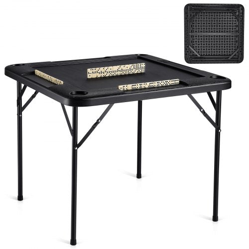 Mahjong Table, Square 4 Player Folding Card Table with 4 Cup Holders & 4 Chip Trays, Portable Domino Game Table with 1 Set of Dominoes for Mahjong Poke Puzzles, 35.4 x 35.4-inch, Black