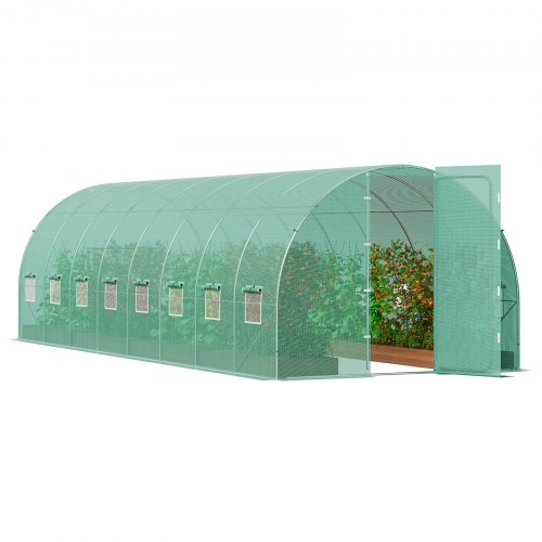 Walk-in Tunnel Greenhouse, 27.4x9.5x7.4 ft Hoop House Greenhouse Tunnel, Plant Hot House with Galvanized Steel Frame, Green PE Cover, Swing Door and 16 Roll-up Windows for Outdoor