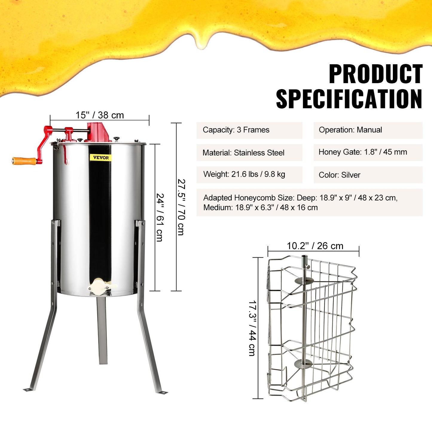 VEVOR Manual Honey Extractor, 3 Frames Honey Spinner Extractor, Stainless Steel Beekeeping Extraction, Honeycomb Drum Spinner with Lid, Apiary Centrifuge Equipment with Height Adjustable Stand