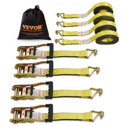 Ratchet Tie Down Straps (4PK), 10000 lb Break Strength, Double J Hook Includes 4 Premium 2' x 27' Rachet Tie Downs with Padded Handles, for Moving Securing Cargo, Appliances, Lawn Equipment