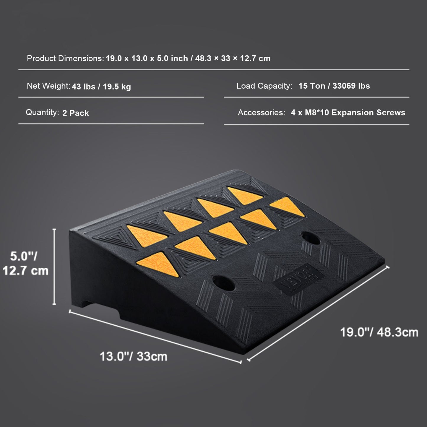 VEVOR Rubber Curb Ramp 2 Pack, 5 Rise Height Heavy-Duty 33069 lbs/15 T Capacity Threshold Ramps, Driveway Ramps with Stable Grid Structure for Cars, Wheelchairs, Bikes, Motorcycles