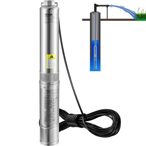 Deep Well Submersible Pump, 0.5HP 230V/60Hz, 28gpm 167ft Head, with 33ft Electric Cord, 4\' Stainless Steel Water Pumps for Industrial, Irrigation and Home Use, IP68 Waterproof Grade