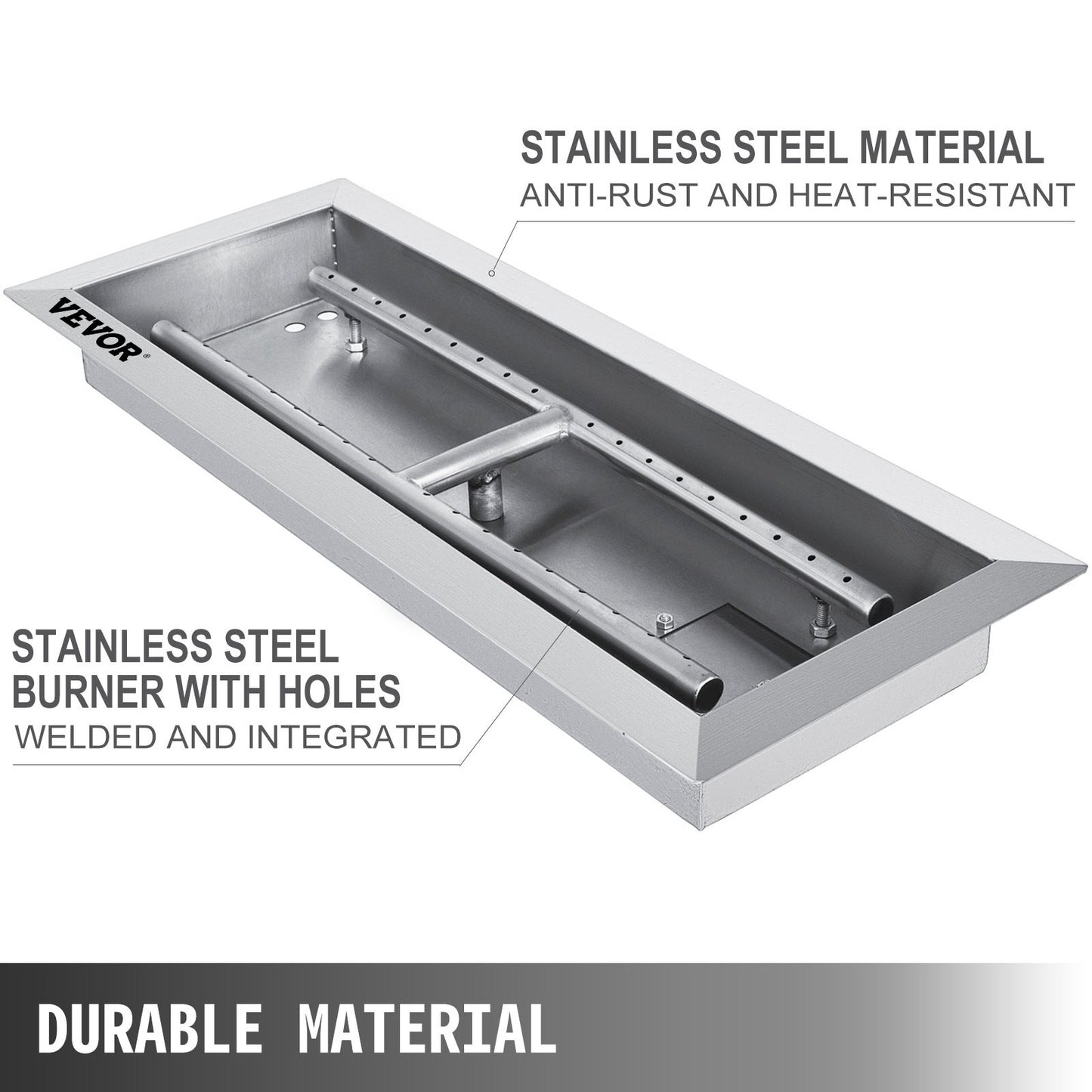 VEVOR 20x8 Inch Stainless Steel Rectangular Built-in Fire Pit Pan with H-Burner, Silver