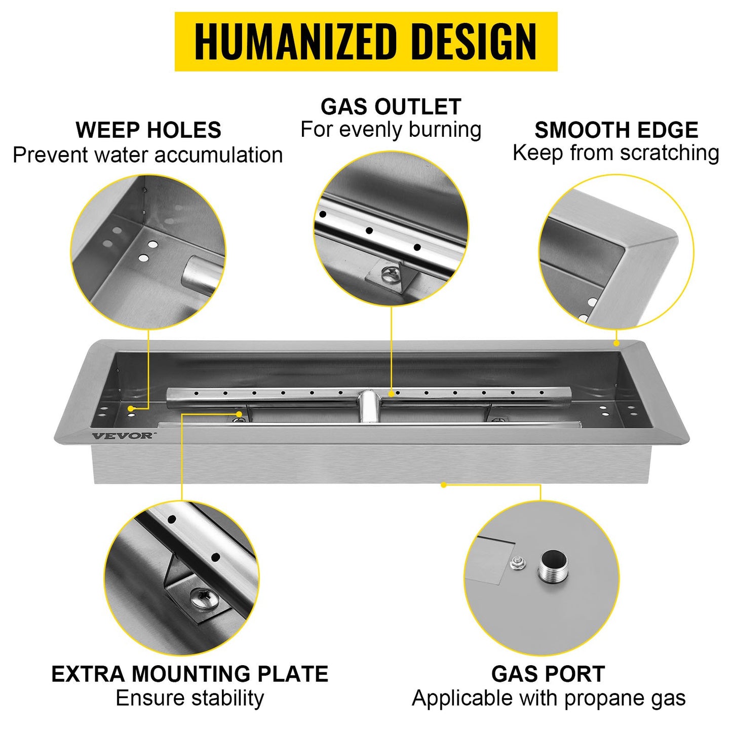 VEVOR 20x8 Inch Stainless Steel Rectangular Built-in Fire Pit Pan with H-Burner, Silver