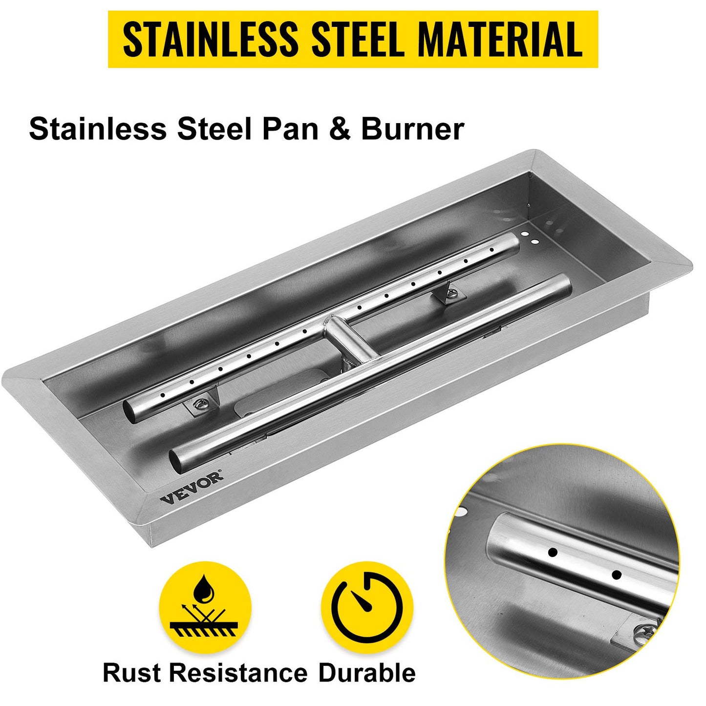 VEVOR 20x8 Inch Stainless Steel Rectangular Built-in Fire Pit Pan with H-Burner, Silver
