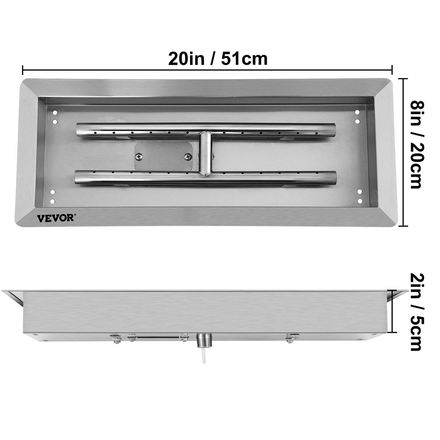 VEVOR 20x8 Inch Stainless Steel Rectangular Built-in Fire Pit Pan with H-Burner, Silver