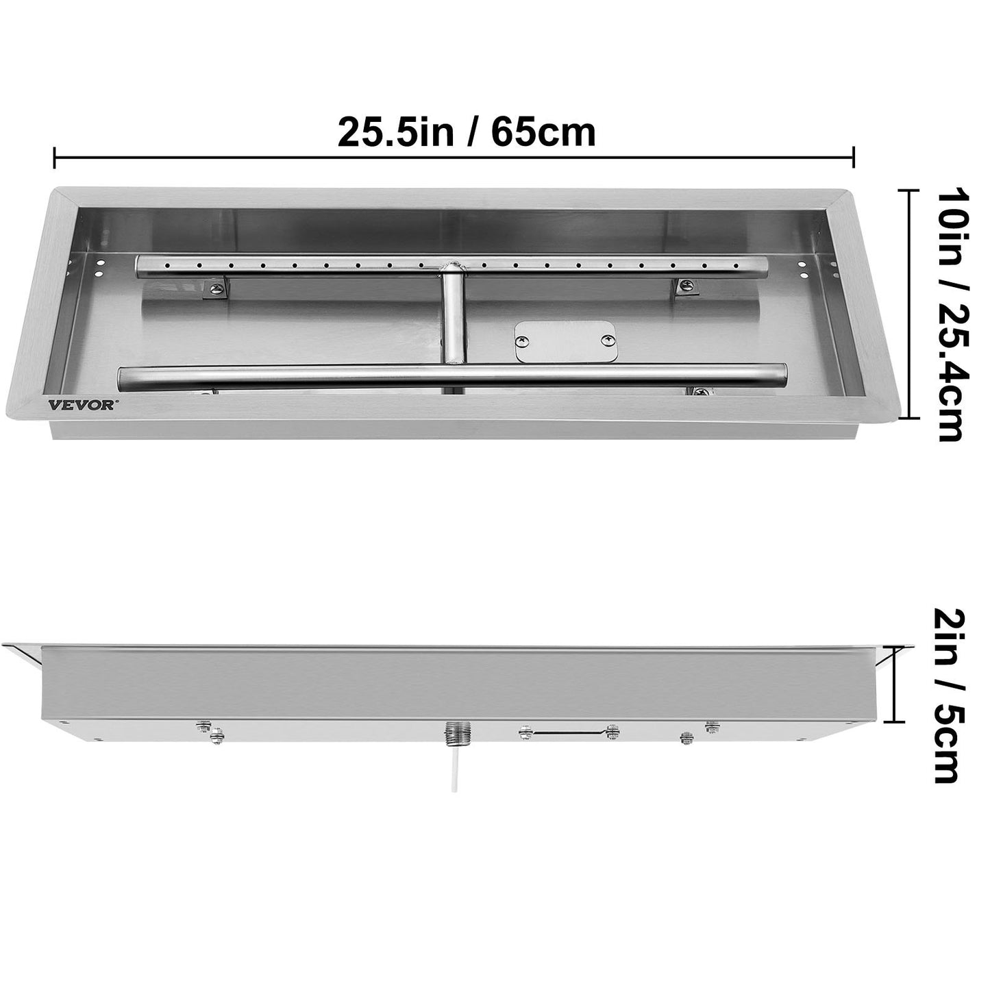 VEVOR 25.5x10 Inch Stainless Steel Rectangular Built-in Fire Pit Pan with H-Burner 90K BTU, Silver