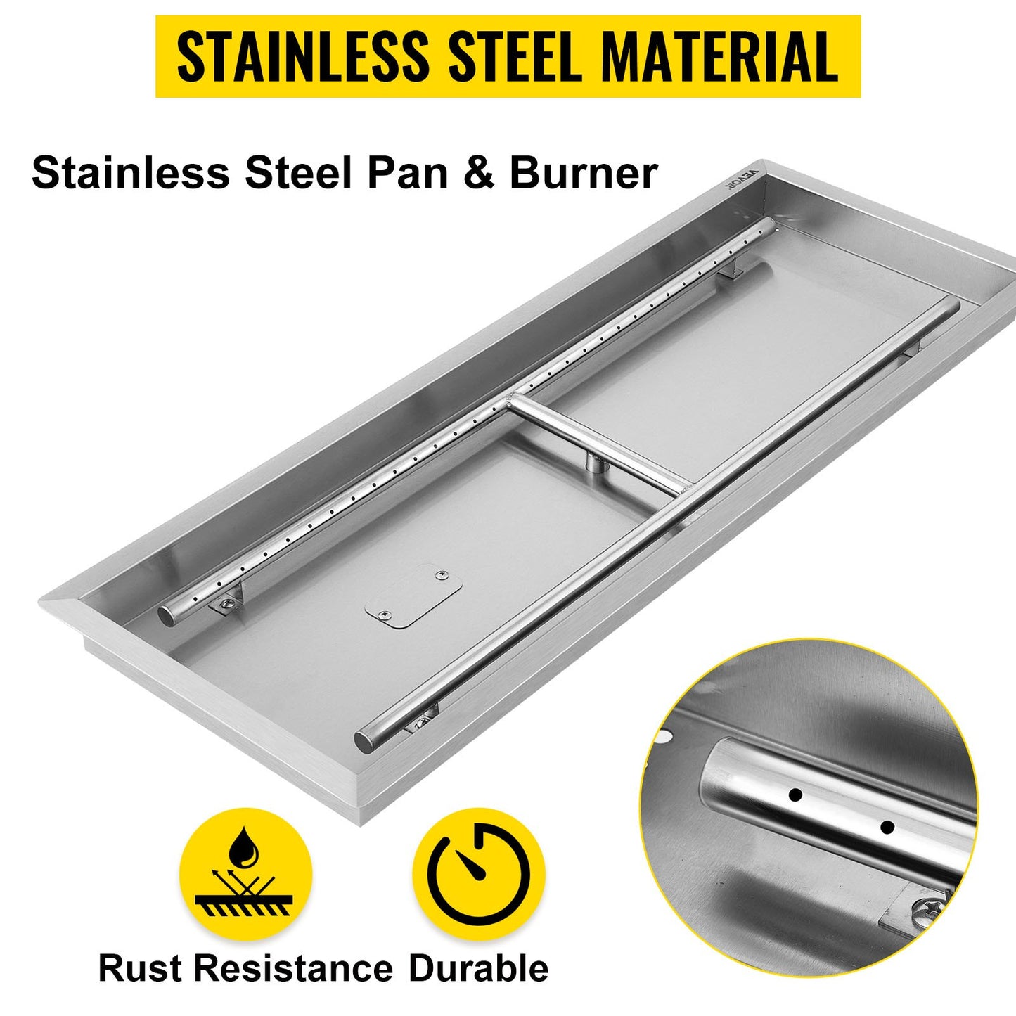 VEVOR Fire Pit Pan 31.5x12 Inch, Stainless Steel Rectangular Fire Pit Pan and Burner, Built-in Fire Pit Pan with H-Burner, 90K BTU