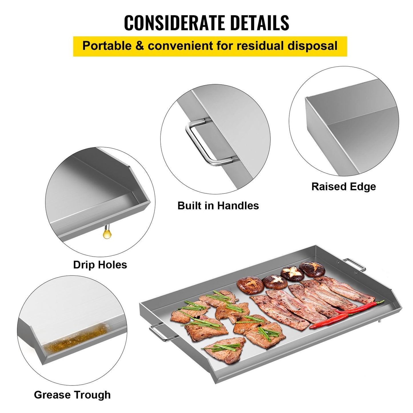 VEVOR Stainless Steel Griddle,32 X 17 Universal Flat Top Rectangular Plate , BBQ Charcoal/Gas Grill with 2 Handles and Grease Groove with Hole£¬Grills for Camping, Tailgating and Parties .