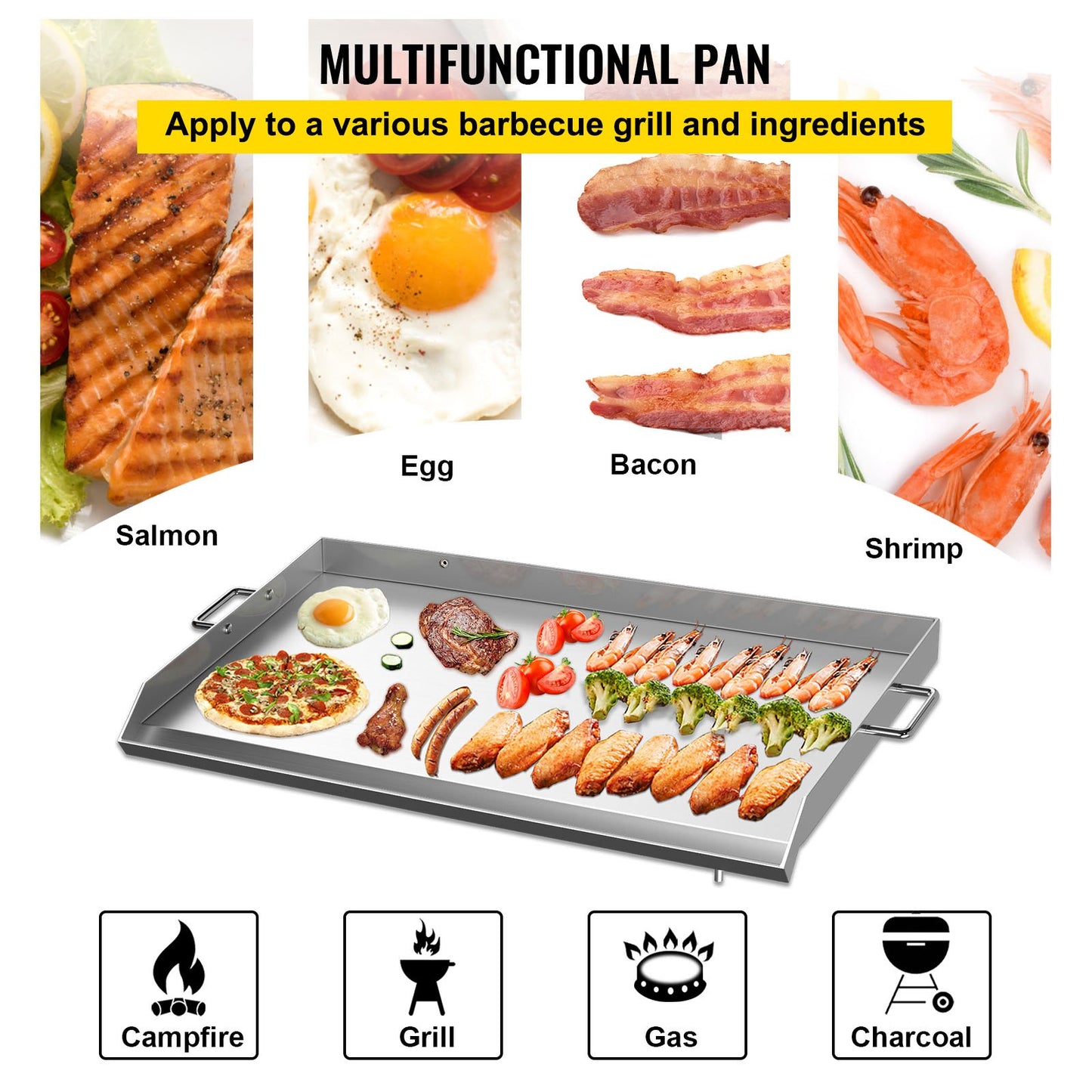VEVOR Stainless Steel Griddle,32 X 17 Universal Flat Top Rectangular Plate , BBQ Charcoal/Gas Grill with 2 Handles and Grease Groove with Hole£¬Grills for Camping, Tailgating and Parties .