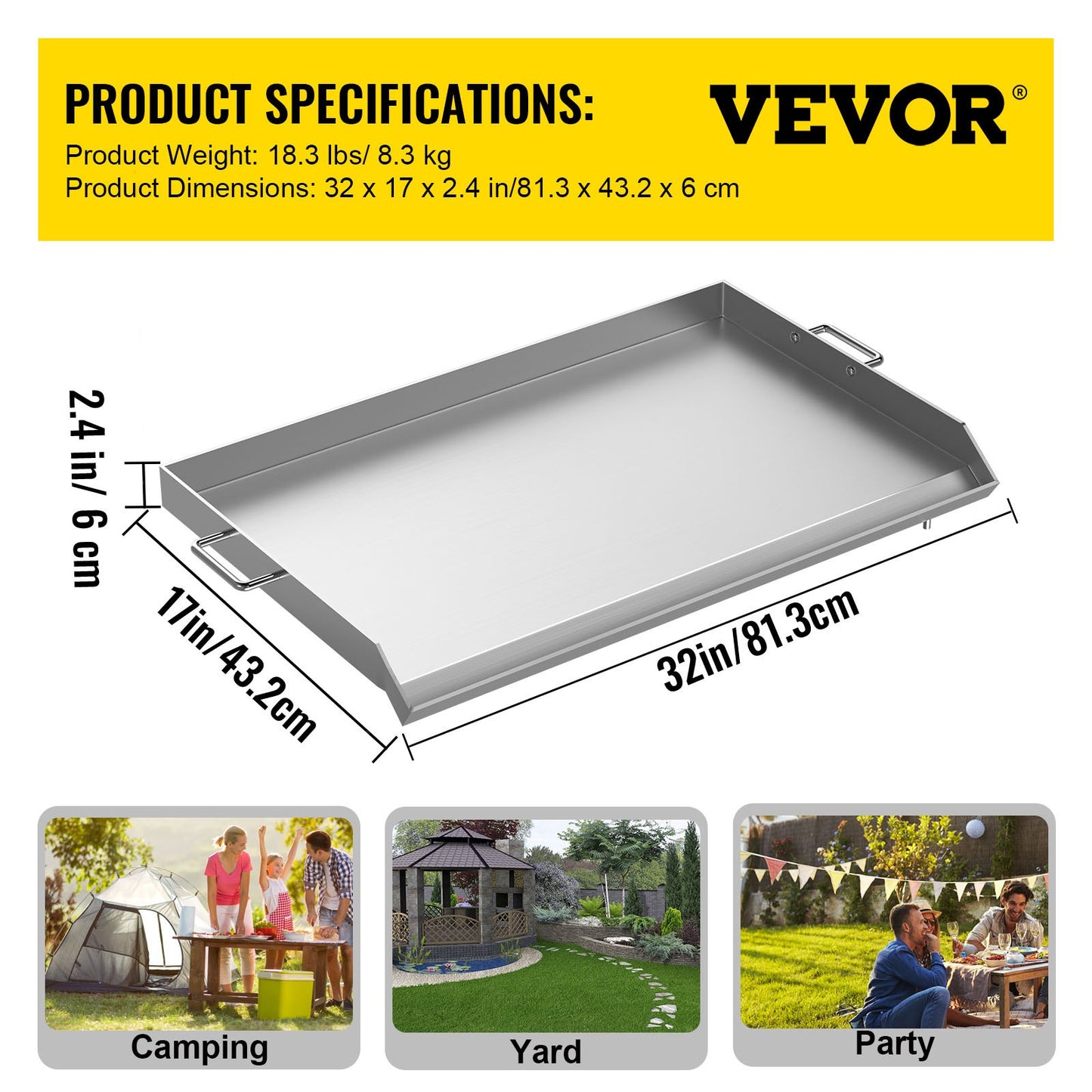 VEVOR Stainless Steel Griddle,32 X 17 Universal Flat Top Rectangular Plate , BBQ Charcoal/Gas Grill with 2 Handles and Grease Groove with Hole£¬Grills for Camping, Tailgating and Parties .