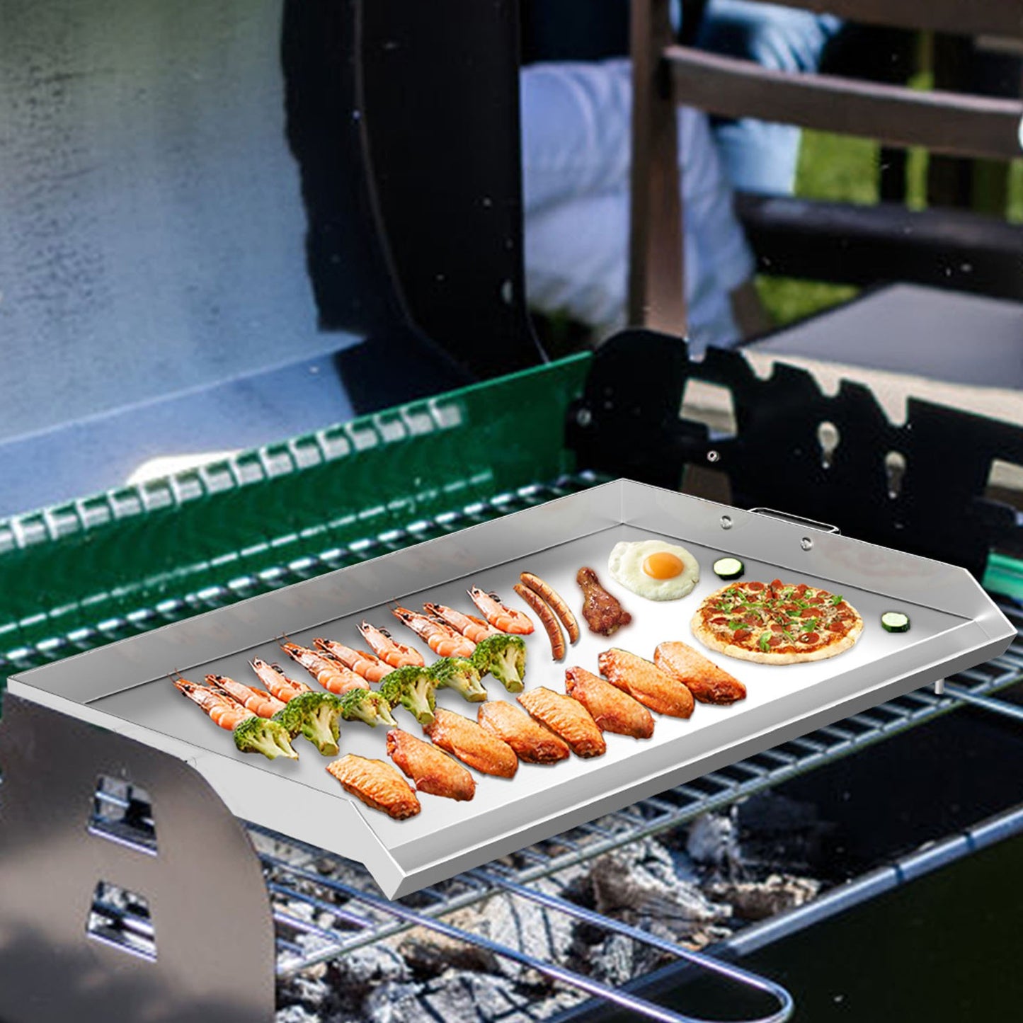 VEVOR Stainless Steel Griddle,32 X 17 Universal Flat Top Rectangular Plate , BBQ Charcoal/Gas Grill with 2 Handles and Grease Groove with Hole£¬Grills for Camping, Tailgating and Parties .