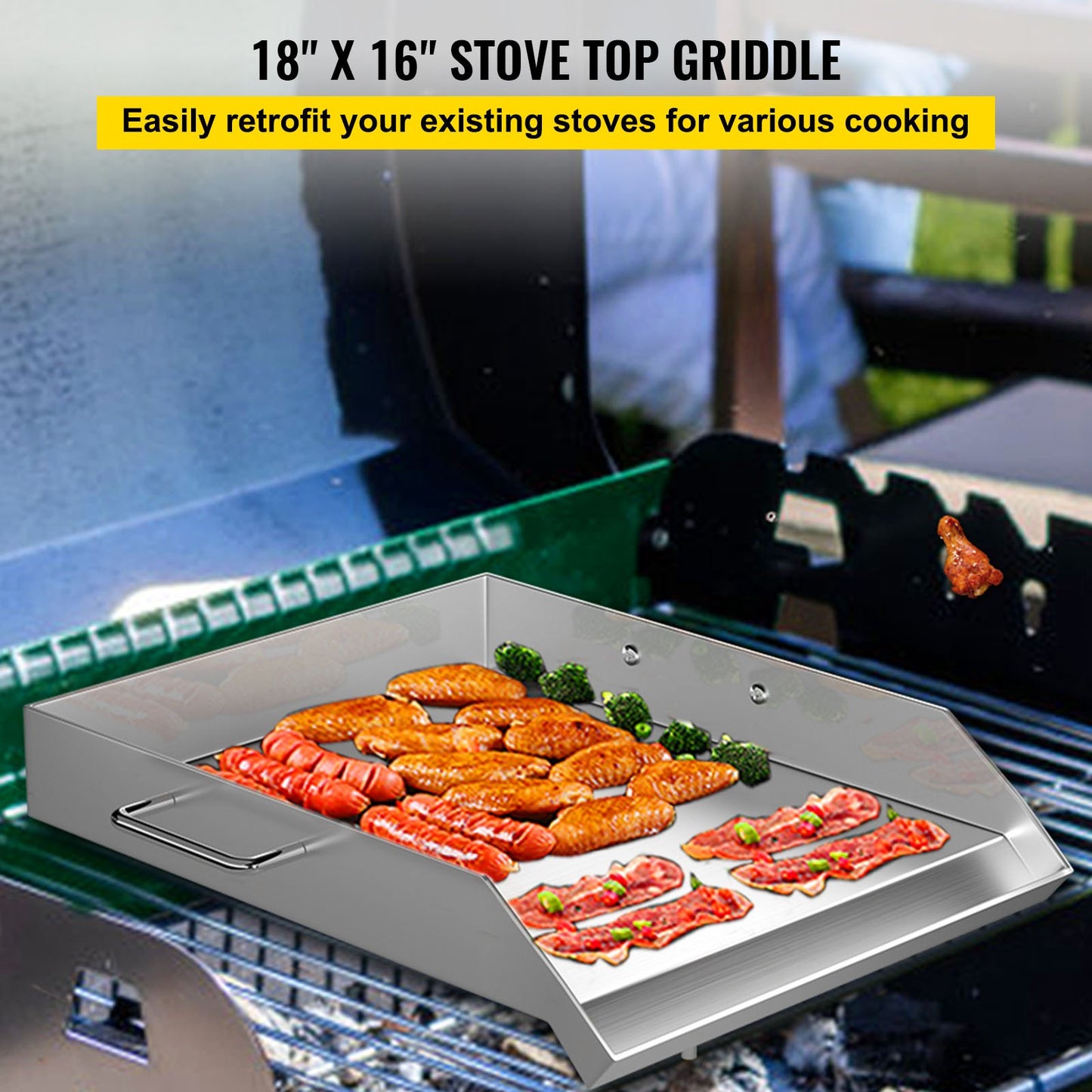 VEVOR Stainless Steel Griddle,18 X 16 Universal Flat Top Rectangular Plate, BBQ Charcoal/Gas Grill with 2 Handles and Grease Groove with Hole£¬Grills for Camping, Tailgating and Parties