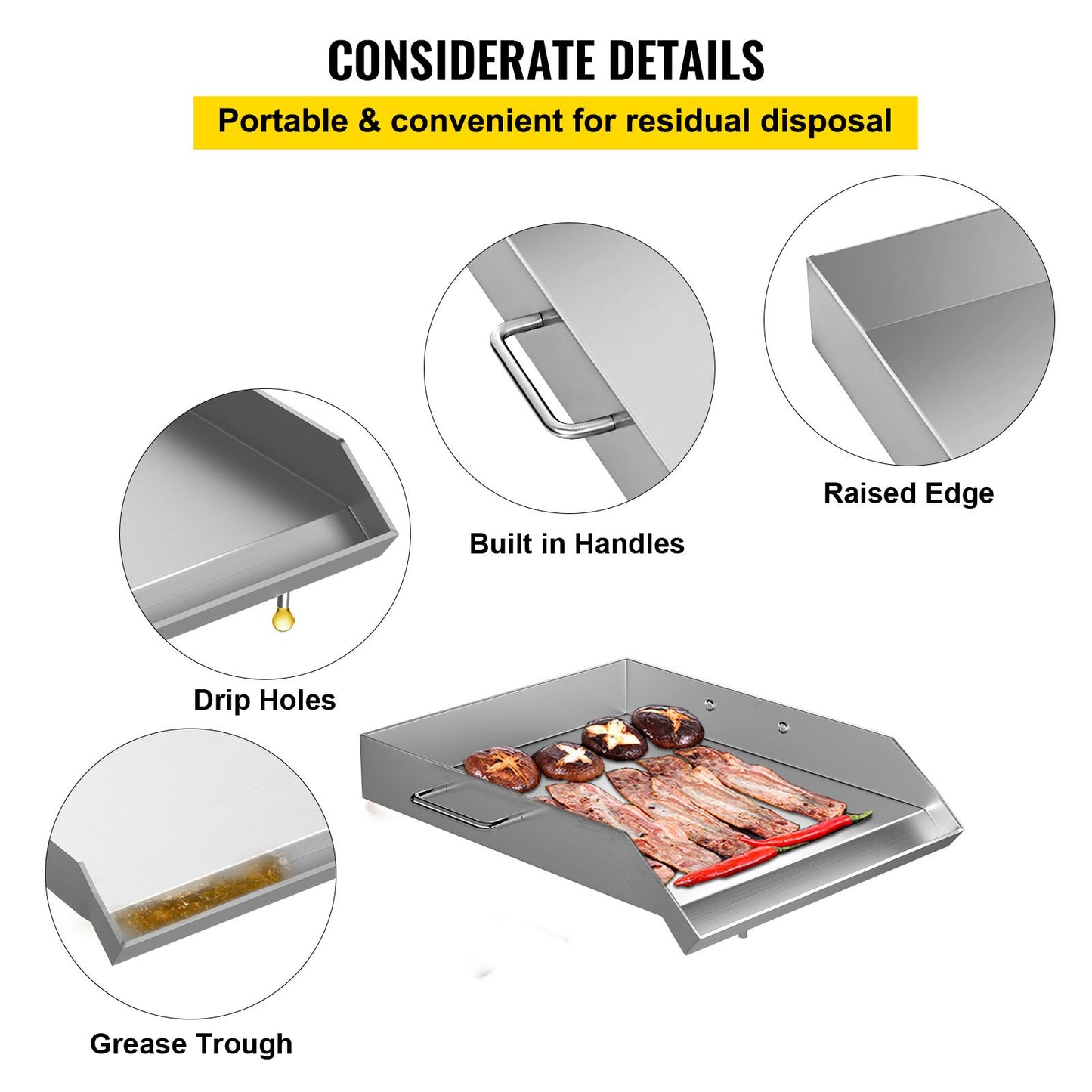 VEVOR Stainless Steel Griddle,18 X 16 Universal Flat Top Rectangular Plate, BBQ Charcoal/Gas Grill with 2 Handles and Grease Groove with Hole£¬Grills for Camping, Tailgating and Parties