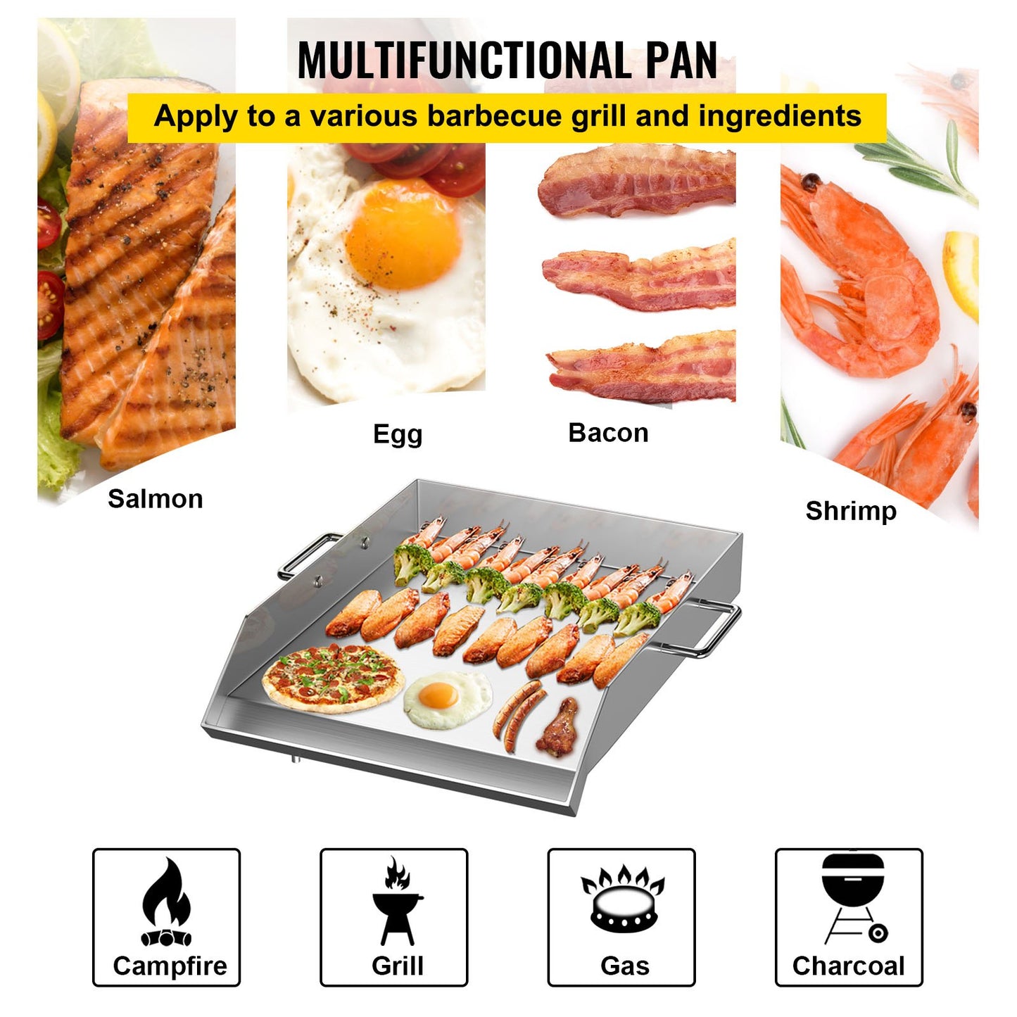 VEVOR Stainless Steel Griddle,18 X 16 Universal Flat Top Rectangular Plate, BBQ Charcoal/Gas Grill with 2 Handles and Grease Groove with Hole£¬Grills for Camping, Tailgating and Parties