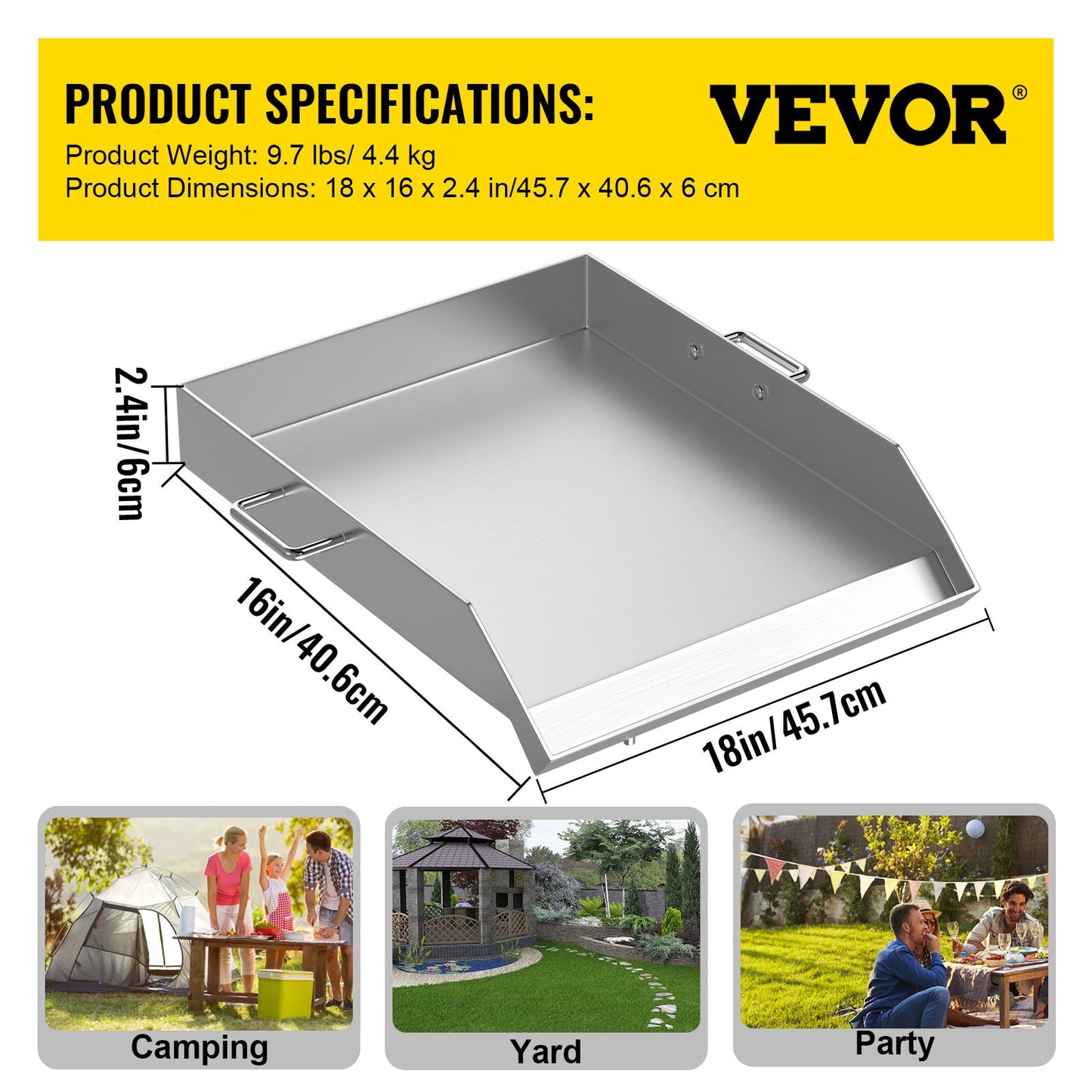 VEVOR Stainless Steel Griddle,18 X 16 Universal Flat Top Rectangular Plate, BBQ Charcoal/Gas Grill with 2 Handles and Grease Groove with Hole£¬Grills for Camping, Tailgating and Parties