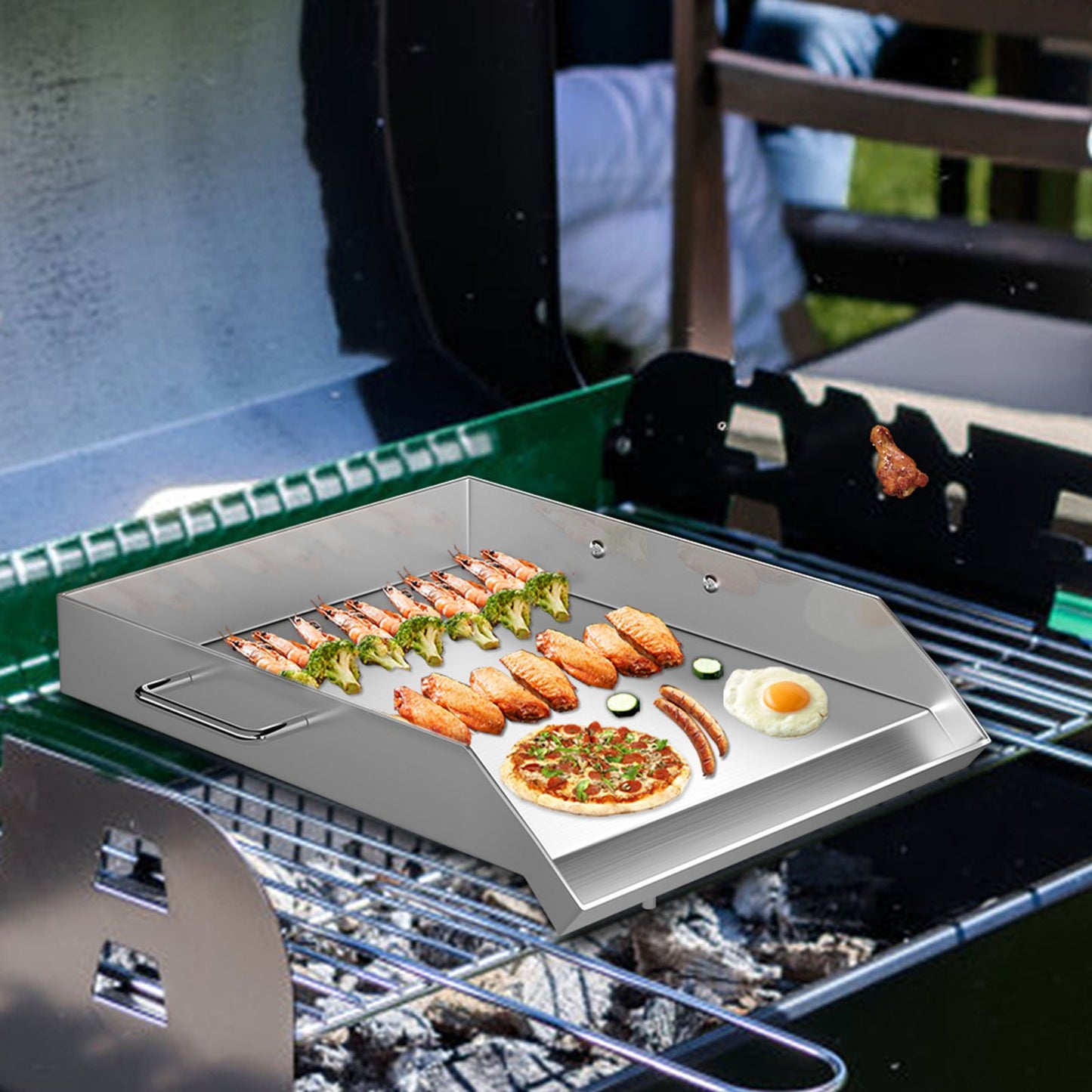 VEVOR Stainless Steel Griddle,18 X 16 Universal Flat Top Rectangular Plate, BBQ Charcoal/Gas Grill with 2 Handles and Grease Groove with Hole£¬Grills for Camping, Tailgating and Parties