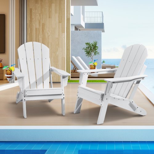 Adirondack Chair Plastic, Set of 2 All-Weather Portable Folding Fire Pit Chair, Outdoor Adirondack Patio Chair with Cup Holder, with Relaxing Arm Rest Ergonomic, for Garden, Backyard - White