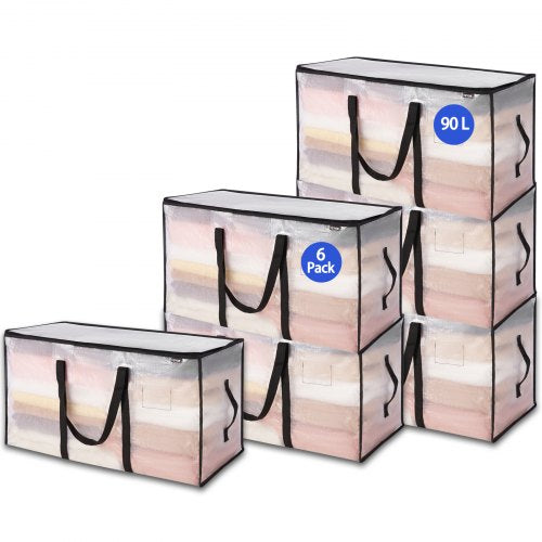 90L Large Storage Bags, 6 Pack Clothes Storage Bins, Foldable Closet Organizers Containers with Reinforced Handle, Plastic Storage Bags for Clothing, Blanket, Comforter, Bed Sheet, and Pillow