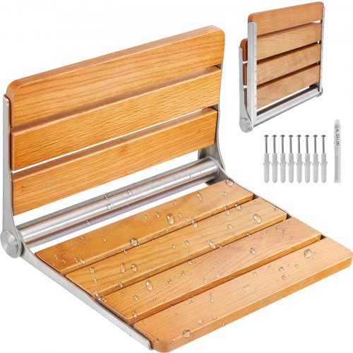 Folding Oak Shower Seat, 16.1' x 13.4' Unfolded, Wall Mounted Fold Up Shower Bench with 440 lbs Load Capacity, Space Saving Home Care Fold Down Shower Chair, for Seniors Pregnant Women Children
