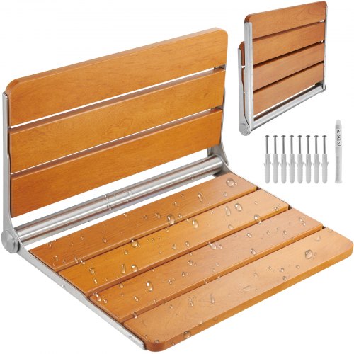 Folding Teak Shower Seat, 20.9 x 16'' Unfolded, Wall Mounted Fold Up Shower Bench with 500 lbs Load Capacity, Space Saving Home Care Fold Down Shower Chair, for Seniors Pregnant Women Children
