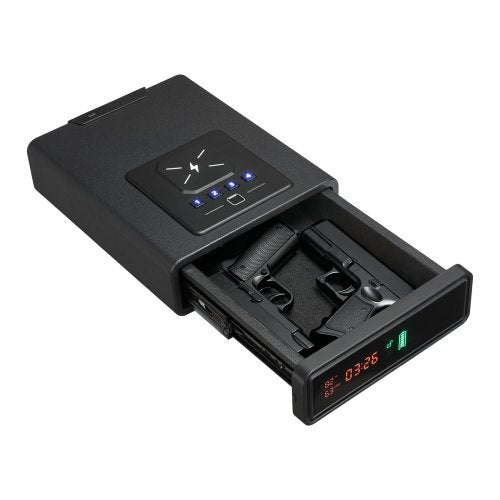 Gun Safe, Pistol Handgun Drawer Safe with Fingerprint/Password/Key, 3-Way Quick Access Firearm Case Drawer with Screen for 2 Pistols & Magazines, Wireless Charging, for Desk Bedside Nightstand