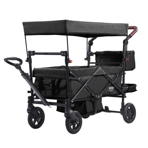 Wagon Stroller for 2 Kids, Push Pull Quad Collapsible Stroller with Adjustable Handle, Encircling Harness Removable Canopy, 4 Wheels with Brakes, Mutifunction Tandem Stroller for Camping Black