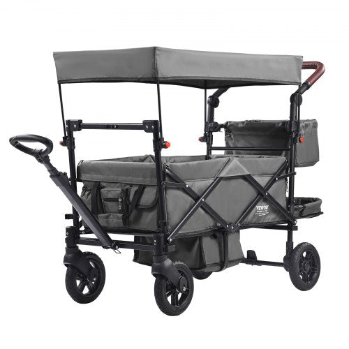 Wagon Stroller for 2 Kids, Push Pull Quad Collapsible Stroller with Adjustable Handle, Encircling Harness Removable Canopy, 4 Wheels w/ Brakes, Mutifunction Tandem Stroller for Camping Dark Grey