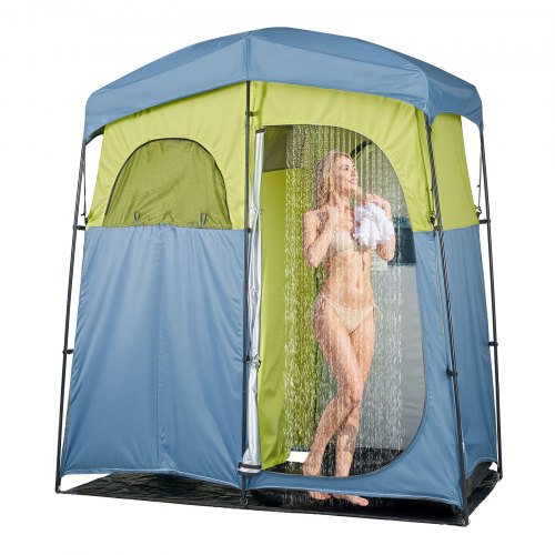 Camping Shower Tent, 2-Room Portable Privacy Tent Changing Room with Shower Bag, Ground Stakes, Ropes, Carry Bag, and Support Poles, 150D Oxford Fabric with Silver Coating, for Camping, Fishing
