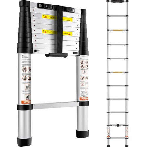 Telescoping Ladder, 10.5 FT Aluminum One-button Retraction Collapsible Extension Ladder, 375 LBS Capacity with Non-slip Feet, Portable Multi-purpose Compact Ladder for Home, RV, Loft, ANSI Liste