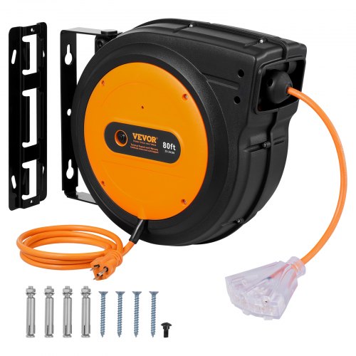 Retractable Extension Cord Reel, 80 FT, Heavy Duty 12AWG/3C SJTOW Retractable Power Cord with Lighted Triple Tap Outlet, 15 Amp Circuit Breaker 180¡ã Swivel Bracket for Ceiling or Wall Mount