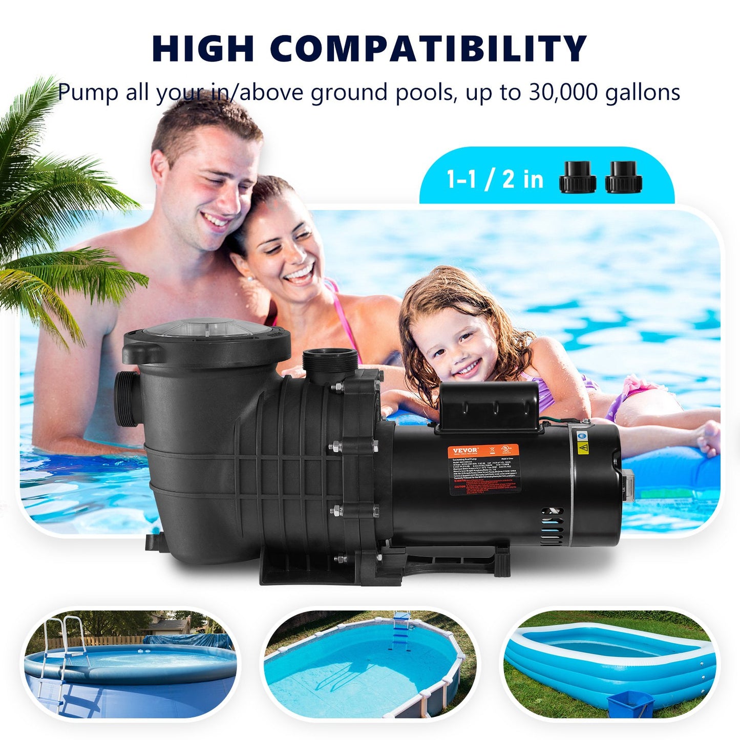 VEVOR Pool Pump 1.5HP 230V, Variable Dual Speed Pumps 1100W for Above Ground Pool, Strainer Filter Basket, 5400 GPH Max. Flow, Energy Saving Swimming Pool Pump