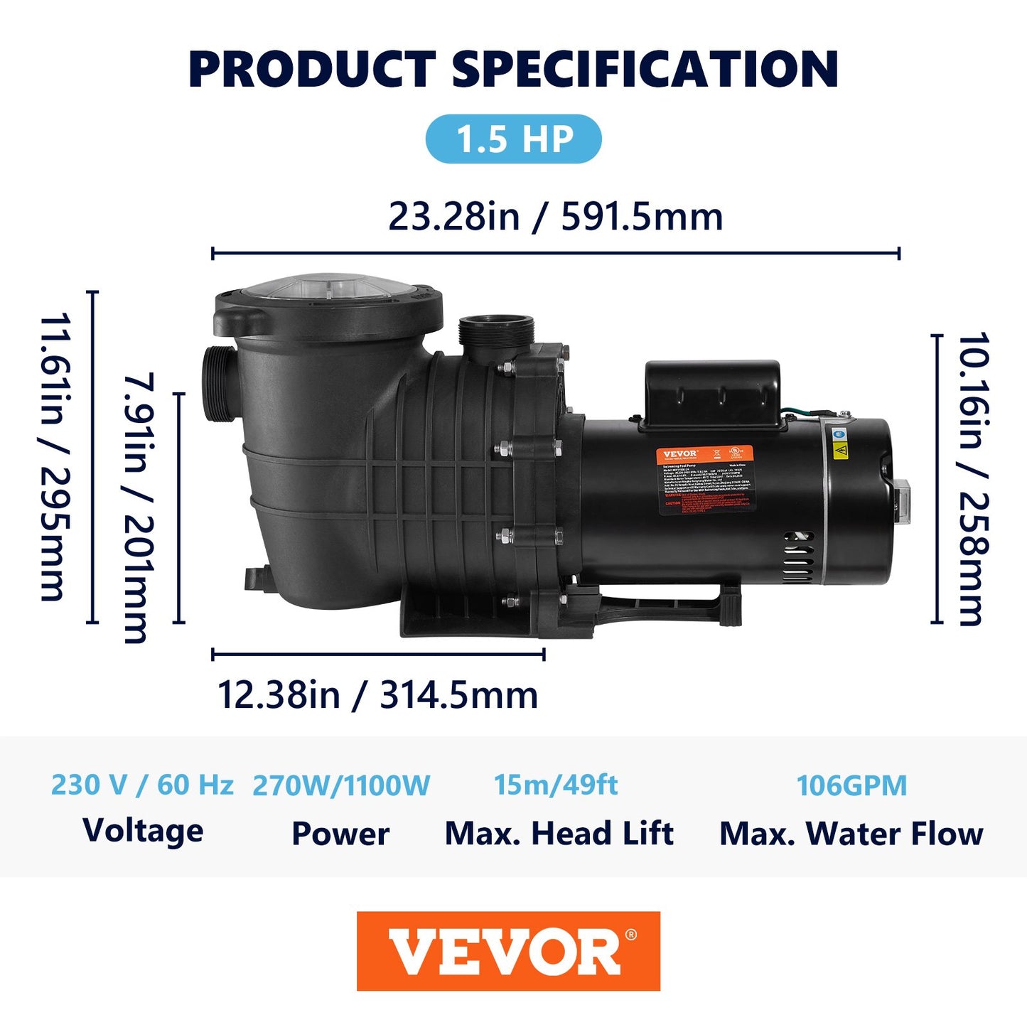 VEVOR Pool Pump 1.5HP 230V, Variable Dual Speed Pumps 1100W for Above Ground Pool, Strainer Filter Basket, 5400 GPH Max. Flow, Energy Saving Swimming Pool Pump