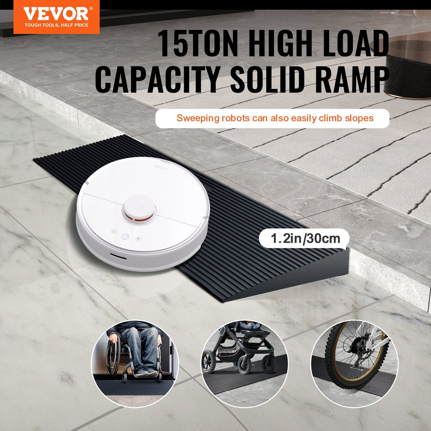 VEVOR 1.2 Rise Cuttable Threshold Ramp for Sweeping Robot, 35.4 Wide Natural Rubber Wheelchair Ramp, Non-Slip Solid Rubber Ramp with Double-Sided Tape for Doorways,Driveways,Bathroom,Smooth Tile