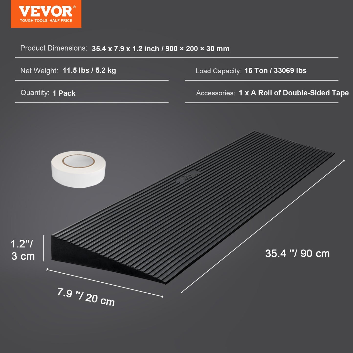 VEVOR 1.2 Rise Cuttable Threshold Ramp for Sweeping Robot, 35.4 Wide Natural Rubber Wheelchair Ramp, Non-Slip Solid Rubber Ramp with Double-Sided Tape for Doorways,Driveways,Bathroom,Smooth Tile