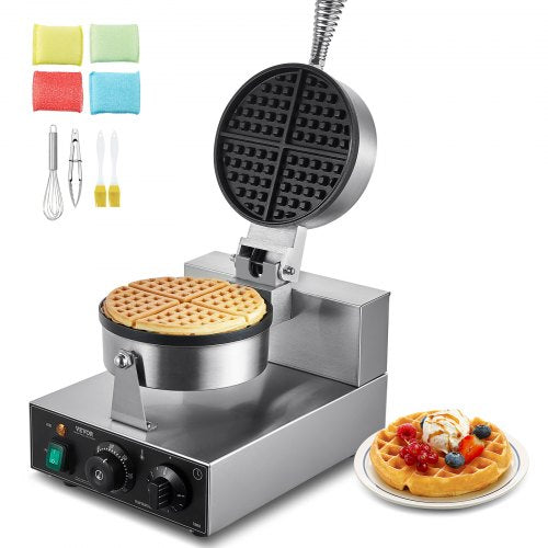 Commercial Waffle Maker, 1230W Round Waffle Baker Machine, Non-Stick Stainless Steel Belgian Waffle Iron with Temperature and Time Control, Handle, for Restaurant Bakery Snack Bar Family