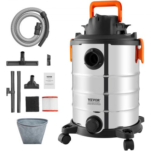 Stainless Steel Wet Dry Shop Vacuum, 8 Gallon 6 Peak HP Wet/Dry Vac, Powerful Suction with Blower Function w/ Attachment 2-in-1 Crevice Nozzle, Small Shop Vac Perfect for Carpet Debris, Pet Hair