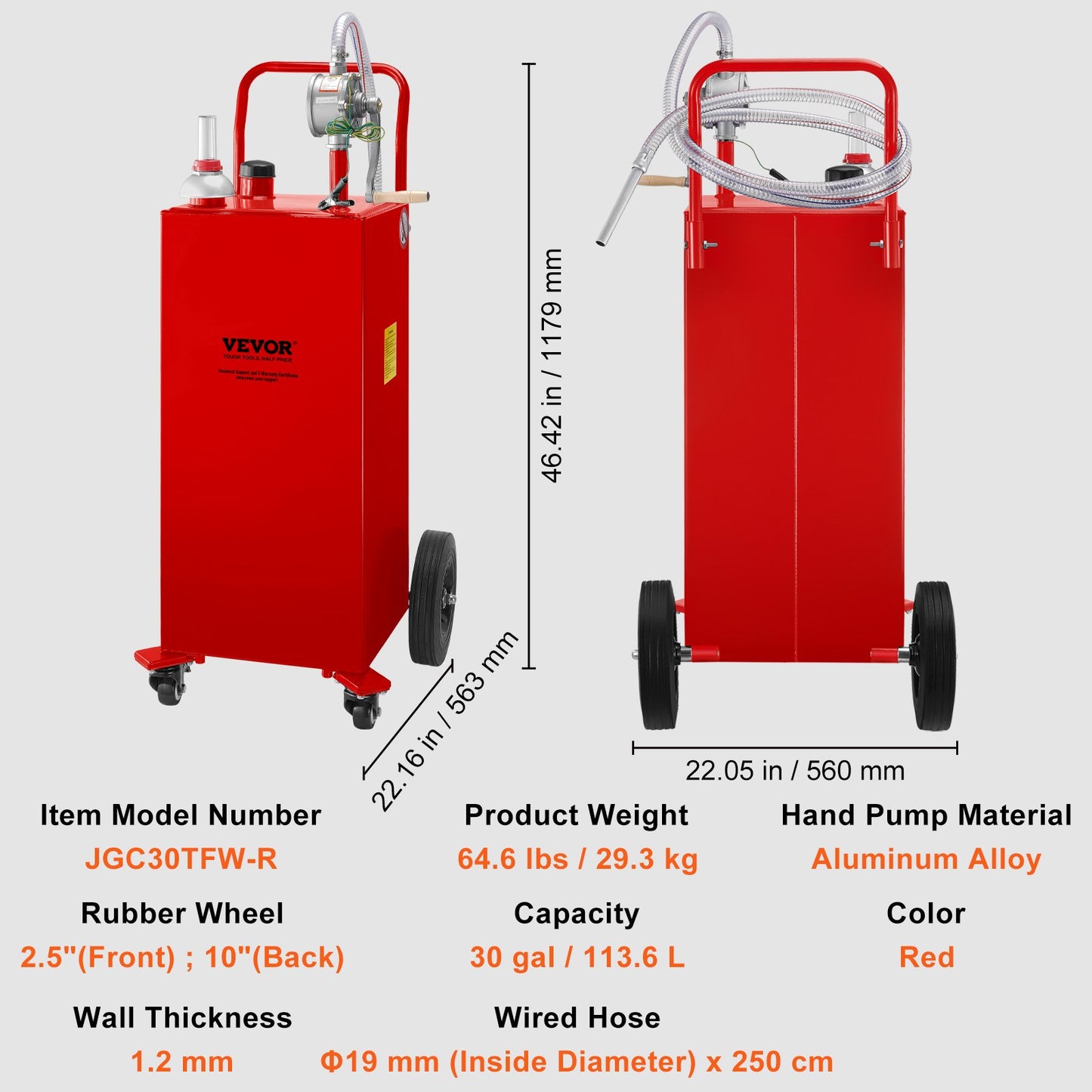 VEVOR 30 Gallon Fuel Caddy, Gas Storage Tank & 4 Wheels, with Manuel Transfer Pump, Gasoline Diesel Fuel Container for Cars, Lawn Mowers, ATVs, Boats, More, Red