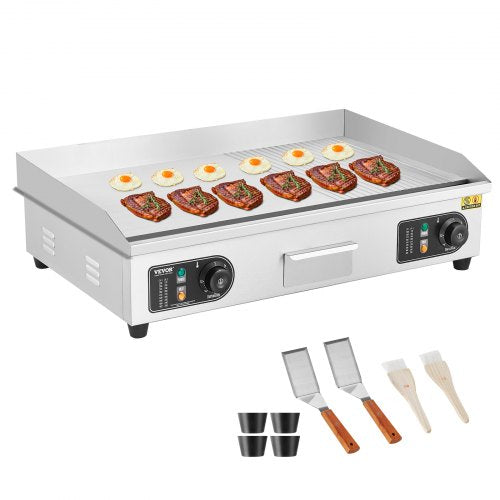 Commercial Electric Griddle, 2800W Countertop Half-Flat Top Grill, 122¨H-572¨H Adjustable Temp, 28.74x15.75x0.39in Stainless Steel Griddle Grill with 2 Shovels for Home or Restaurant (No Plug)