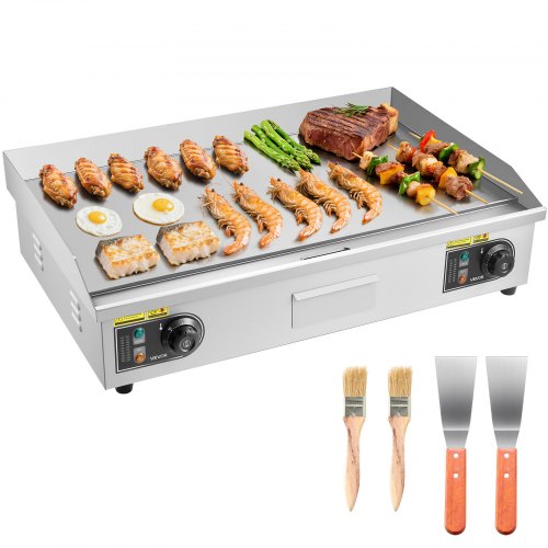 Commercial Electric Griddle, 28.54 x 15.75 in, 4400W, 122-570¡ãF Adjustable Temp Control, Stainless Steel Countertop Full Flat Top Grill with 2 Spatulas and 2 Brushes, for Steak, Pancake, Squid