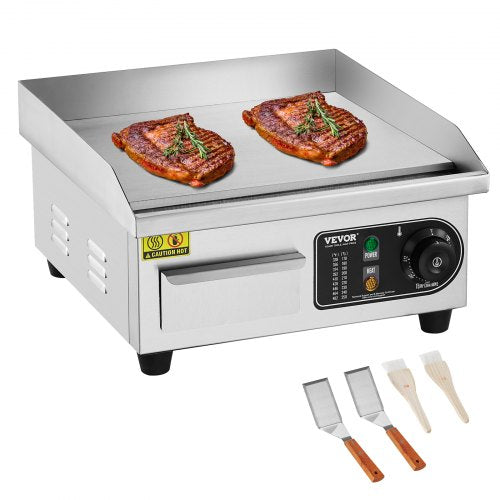 Commercial Electric Griddle, 1700W Countertop Flat Top Grill, 122¨H-572 ¨H Adjustable Temp, 14.17 x 11.81 x 0.39in Stainless Steel Griddle Grill with 2 Shovels and 2 Brushes for Home or Restaurant
