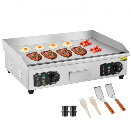 VEVOR Commercial Electric Griddle, 2800W Countertop Flat Top Grill, 122¨H-572 ¨H Adjustable Temp, 25.98 x 15.75 x 0.39in Stainless Steel Griddle Grill with 2 Shovels and 2 Brushes for Home or Restaurant