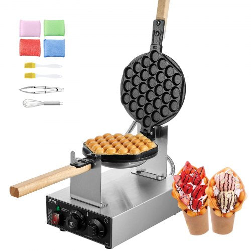 Commercial Bubble Waffle Maker, 1400W Egg Pancake Baker Machine, Non-Stick Stainless Steel Egg Bubble Puff, 180¡ã Rotatable, Temp and Time Control, Wooden Handle, for Restaurant Bakery Snack Bar