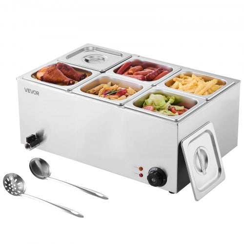 24QT Commercial Food Warmer, 6-Pan Electric Steam Table, 1200W Professional Countertop Stainless Steel Buffet Bain Marie with 86-185¡ãF Temp Control for Catering, Buffet, Parties, Restaurants
