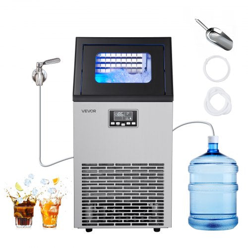 Commercial Ice Maker Machine, 120 lbs/24h with 28Lbs Storage, 45 Cubes per Cycle, Stainless Steel Freestanding & Under Counter Ice Maker with LED Display & Self-Cleaning, for Home Bar Restaurant