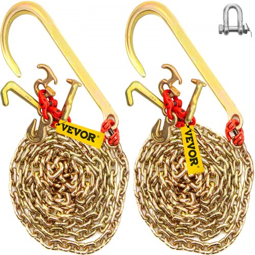 J Hook Chain, 2PCS 5/16' x 10' G80 15' Long Shank J Hook Tow Chain with RTJ Cluster Hook & Grab Hook, 5400 lbs Working Load, Heavy Duty Transport Truck Chain for Wrecker Recovery Trailer Towing