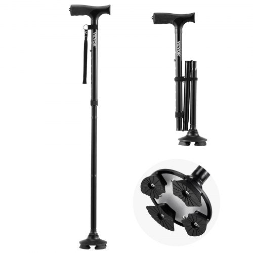 Walking Cane for Man Woman, Folding Walking Stick with 8-Level Adjustable Height, 4-Pronged Pivoting Base, Lightweight & Portable Aluminum Mobility Aid for Seniors Adults, 250LBS Loading (Black)