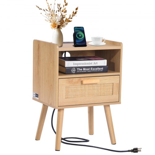 Rattan Nightstand, Boho Bedside Table with Drawer Open Shelf, Rattan End Table Wooden Nightstand with Solid Wood Legs, Rattan Side Table with Charging Station, for Bedroom, Study & Living Room